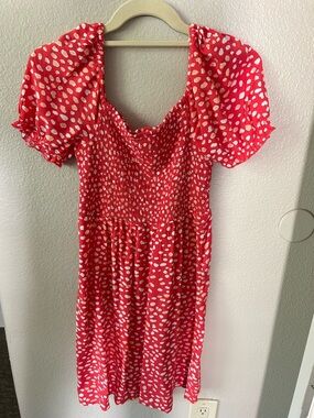 Red Smocked Puff Sleeve Midi Dress with White Spot Print